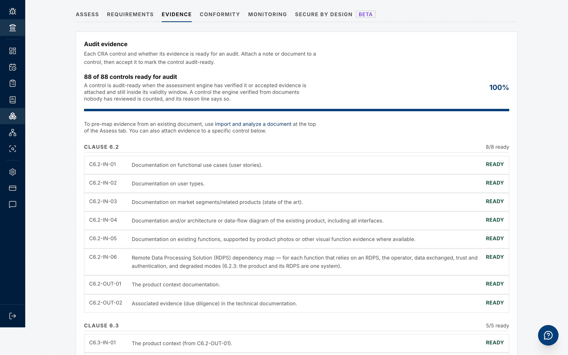 Audit evidence tab reporting 88 of 88 controls ready for audit, broken down by EN 40000 clause